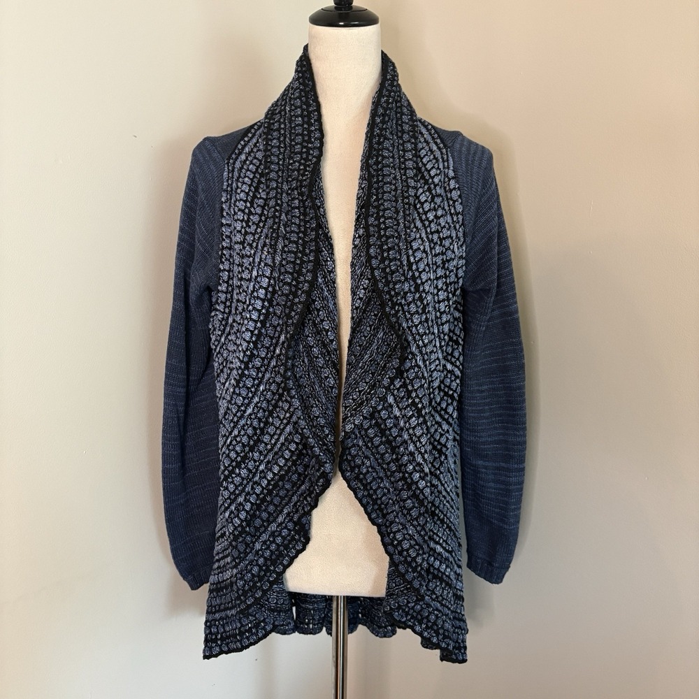 Kamana Blue Open Front Draped Waterfall Cardigan Sweater Shawl Collar Small EUC